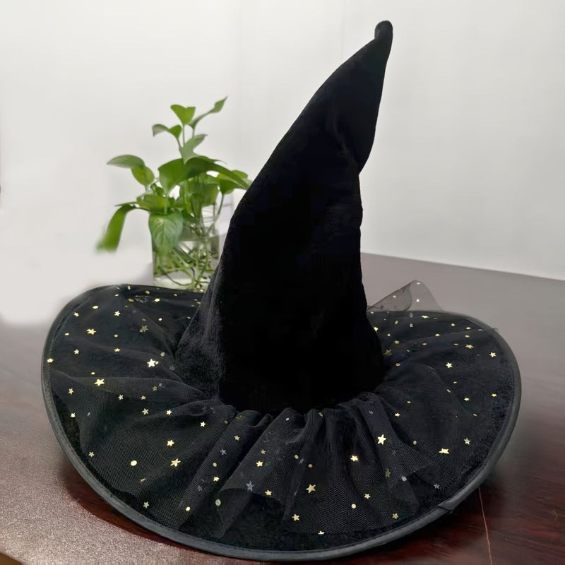 Black Elegant Witch Hat Wide Brim Pointed Design Sparkling Star Moon Pattern White Star Soft Costume Accessory Halloween Themed Parties Witch Costume Prop - Image 1