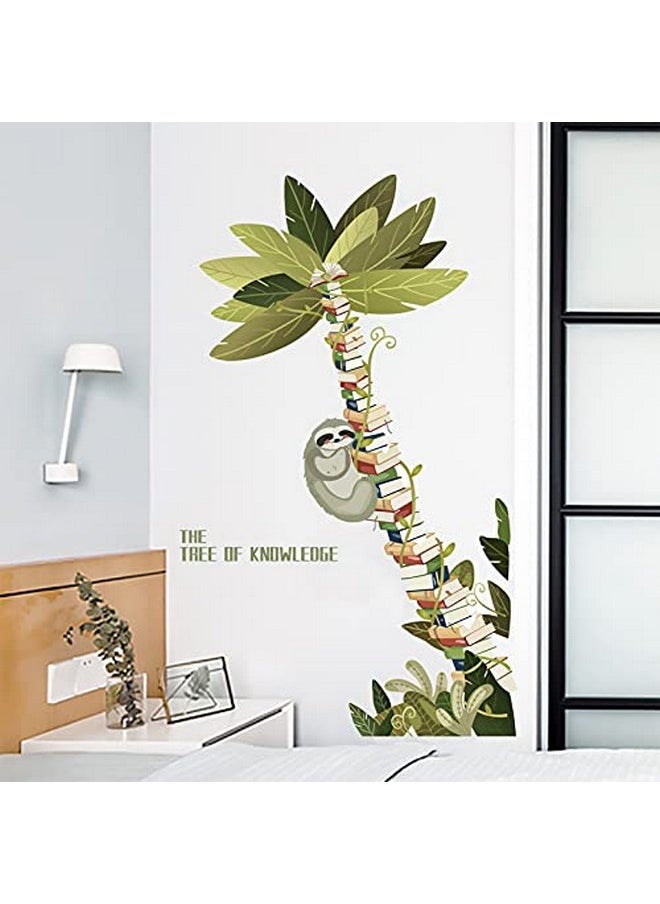 FLMOUTN - Sloth Hanging On The Books Tree Wall Decals Decor Large Book Tree Of Knowledge Vinyl Wall Stickers Removable Coconut Tree Plants Wall Mural For Reading Room Classroom Bedroom 31.5”X51.2” - Image 1