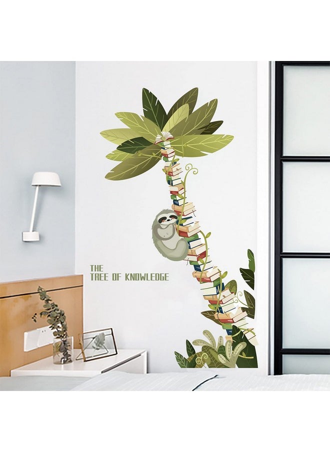 FLMOUTN - Sloth Hanging On The Books Tree Wall Decals Decor Large Book Tree Of Knowledge Vinyl Wall Stickers Removable Coconut Tree Plants Wall Mural For Reading Room Classroom Bedroom 31.5”X51.2” - Image 1