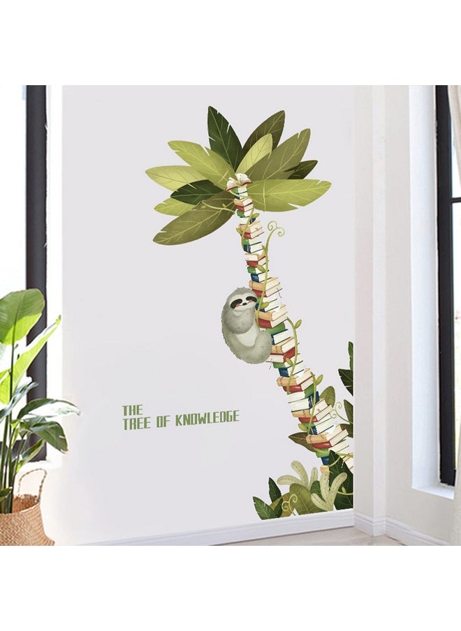 FLMOUTN - Sloth Hanging On The Books Tree Wall Decals Decor Large Book Tree Of Knowledge Vinyl Wall Stickers Removable Coconut Tree Plants Wall Mural For Reading Room Classroom Bedroom 31.5”X51.2” - Image 1