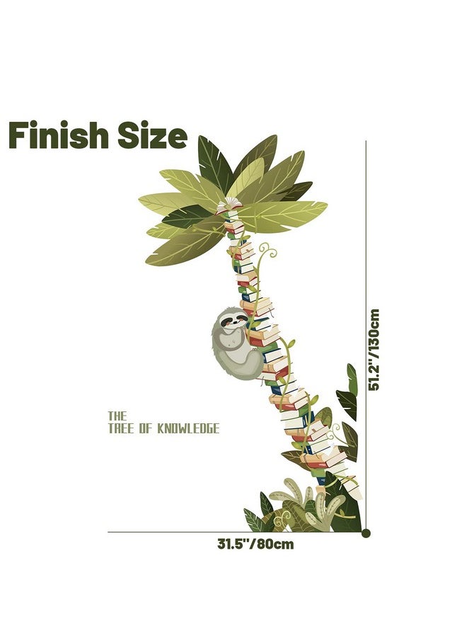 FLMOUTN - Sloth Hanging On The Books Tree Wall Decals Decor Large Book Tree Of Knowledge Vinyl Wall Stickers Removable Coconut Tree Plants Wall Mural For Reading Room Classroom Bedroom 31.5”X51.2” - Image 1