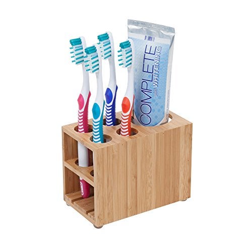 MobileVision Toothbrush and Toothpaste Holder Stand for Bathroom Vanity Storage, Bamboo, 5 slots - Image 3