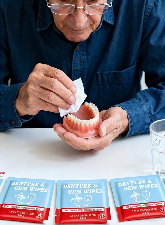 Zhjianup Denture Cleaner Wipes Disposable Teeth Gum Retainer Wipe Oral Care, Tooth Gums Cleaning Dental Dentures Tablets, Denture Adhesive Food Debris Braces Stain Odor Remover for Adults Elderly Mint 100 Pcs - Image 5