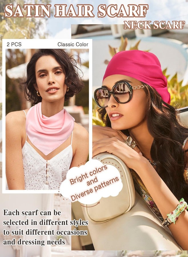CHLINS 2 Pcs 27.5” Head Scarf for Women Satin Hair Scarf Neckerchief Square Bandanas Hair Wraps(Rose Red+Light Pink) - Image 3