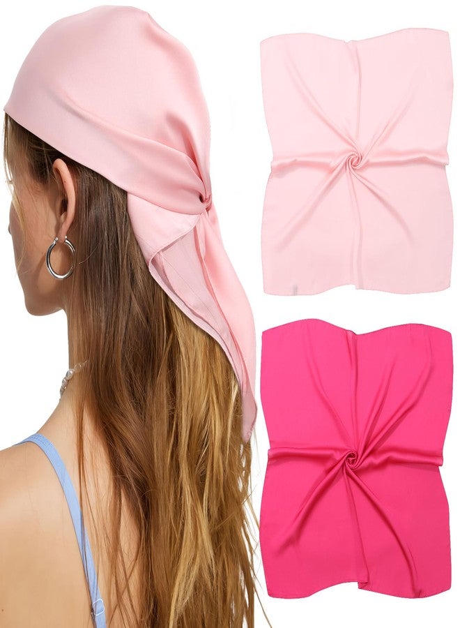 CHLINS 2 Pcs 27.5” Head Scarf for Women Satin Hair Scarf Neckerchief Square Bandanas Hair Wraps(Rose Red+Light Pink) - Image 1