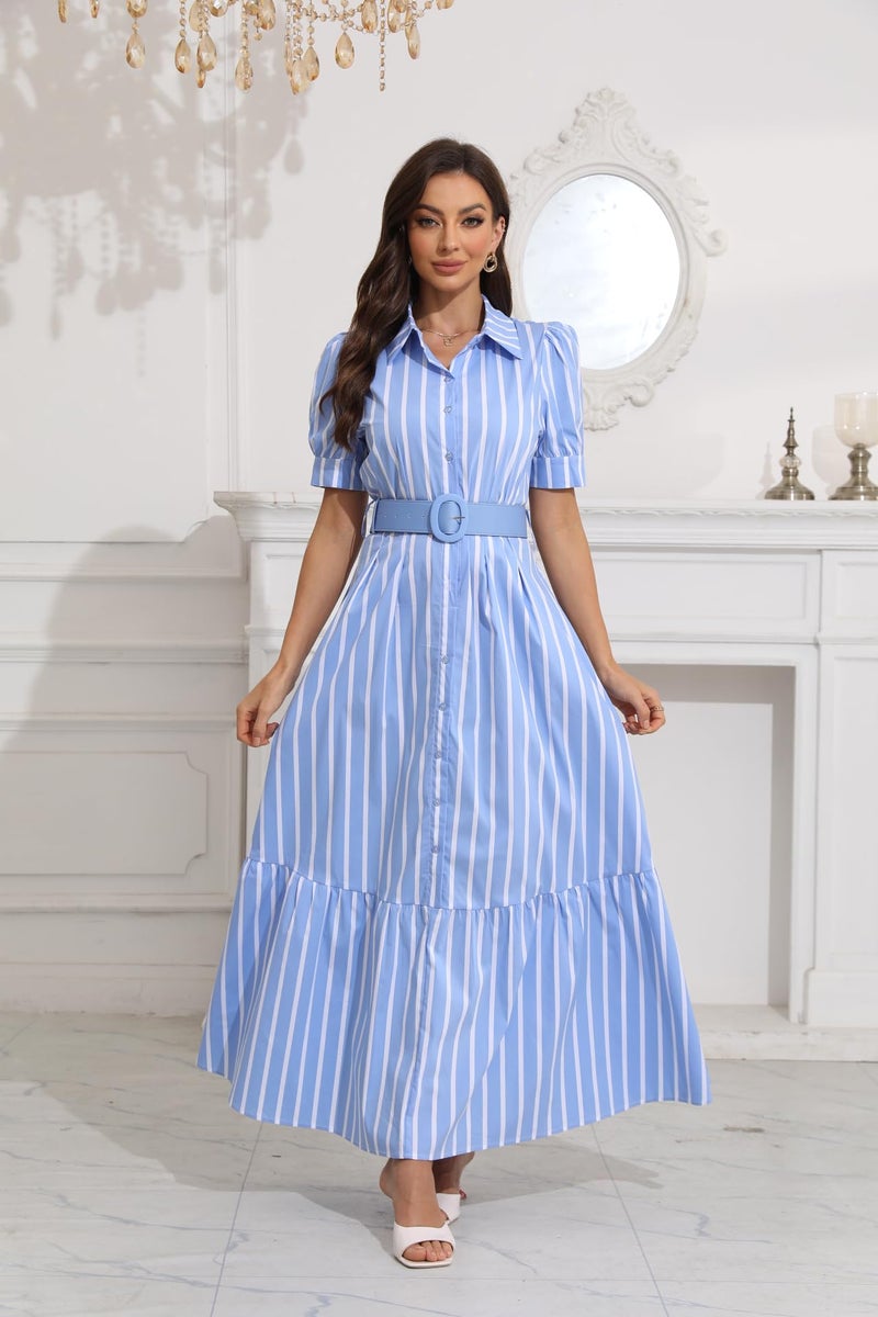 utcoco Womens Striped Button Down Shirt Dress Casual Puff Short Sleeve Ruffle Hem Maxi Dresses with Belt (Medium, Blue) - Image 4