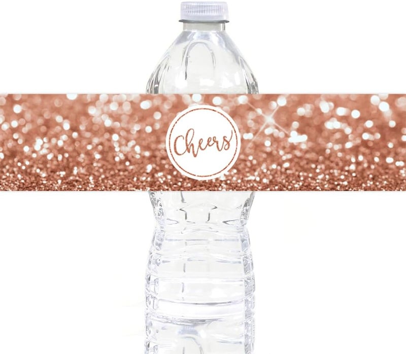 Andaz Press Glitzy Faux Rose Gold Glitter Water Bottle Sticker Labels, Cheers!, 20-Pack - Image 1