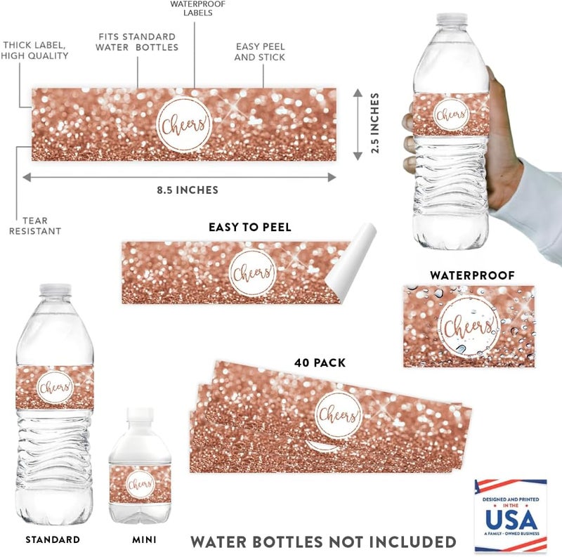 Andaz Press Glitzy Faux Rose Gold Glitter Water Bottle Sticker Labels, Cheers!, 20-Pack - Image 2