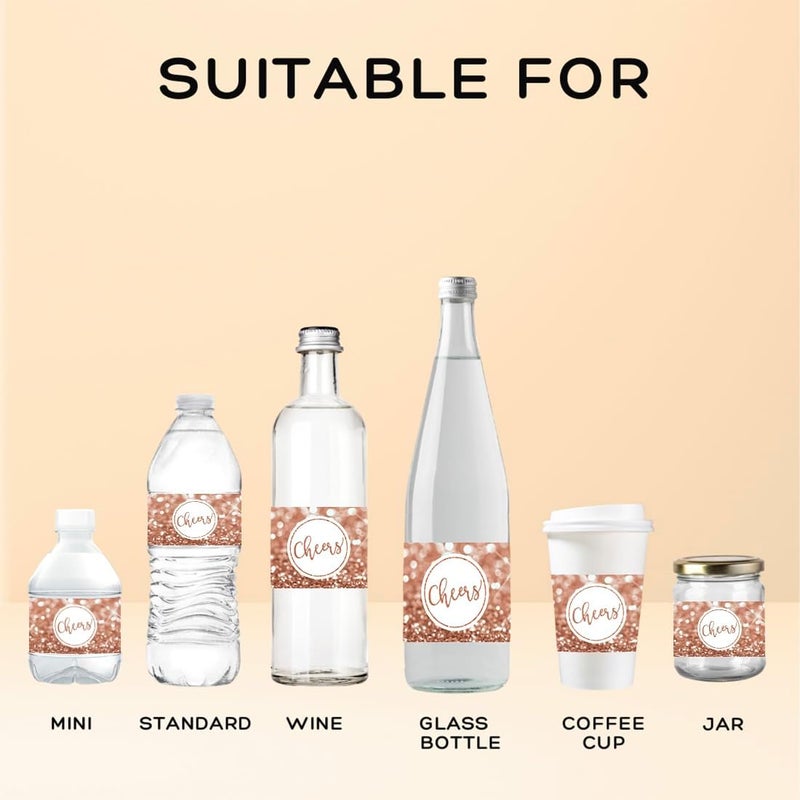 Andaz Press Glitzy Faux Rose Gold Glitter Water Bottle Sticker Labels, Cheers!, 20-Pack - Image 4