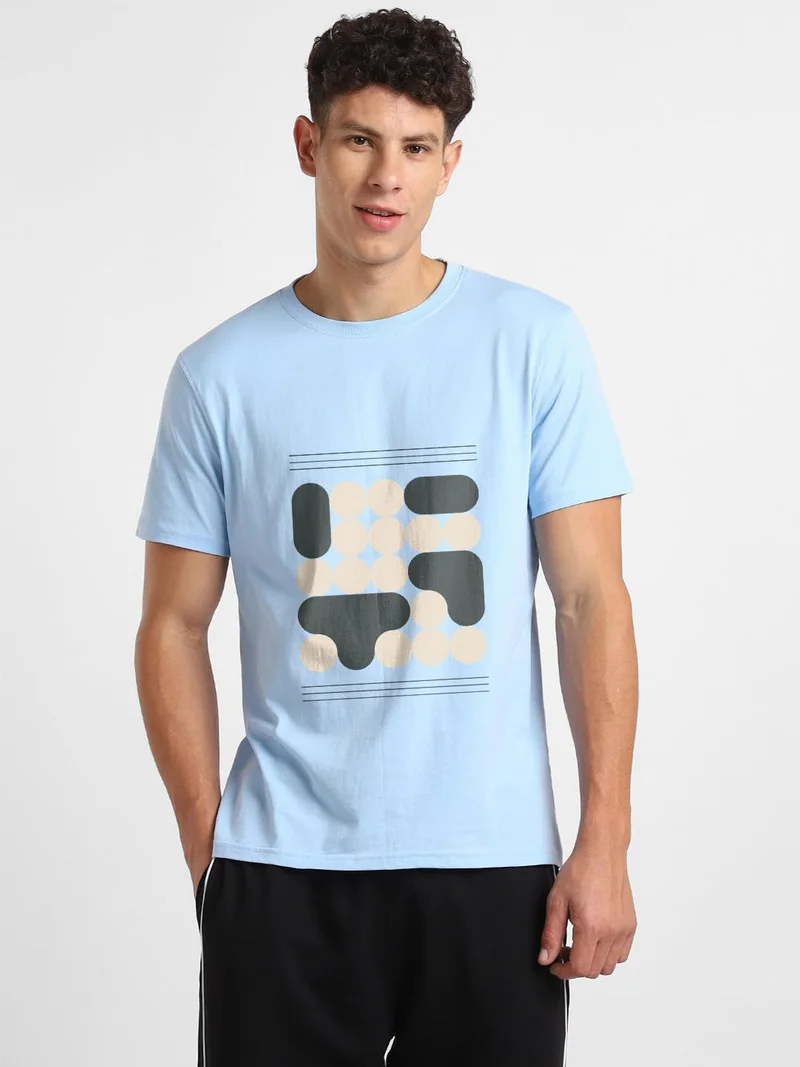 NOBERO Men's Light Blue Graphic Print T-Shirt