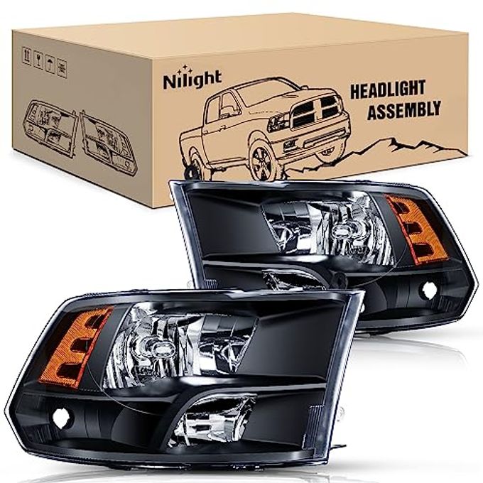 Nilight Headlight Assembly 2009 2010 2011 2012 2013 2014 2015 2016 2017 2018 Ram 1500 2500 3500 Pickup Quad Headlamp Assembly Replacement Black Housing Amber Corner Clear Lens,(Only For Quad Models) - Image 1