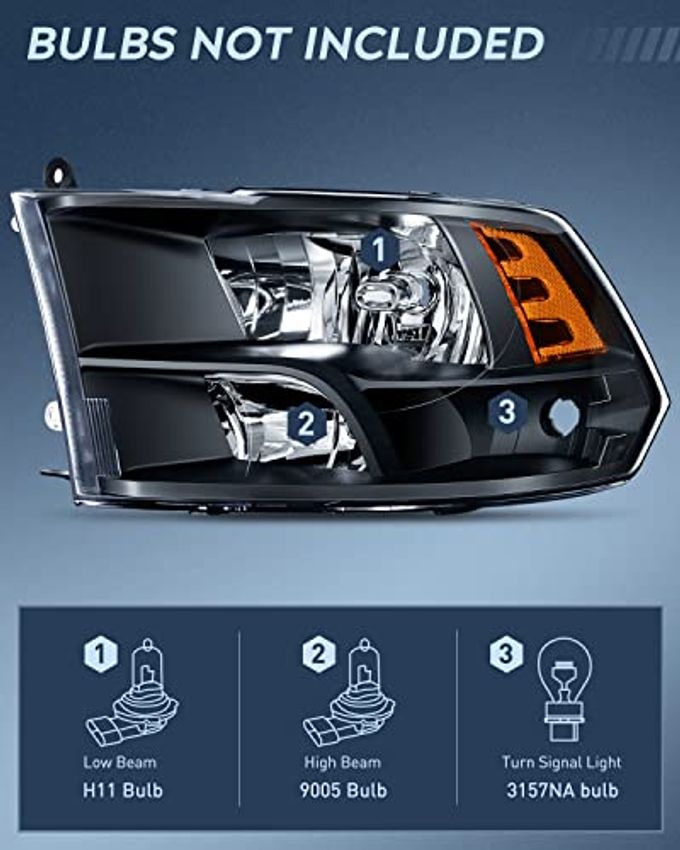 Nilight Headlight Assembly 2009 2010 2011 2012 2013 2014 2015 2016 2017 2018 Ram 1500 2500 3500 Pickup Quad Headlamp Assembly Replacement Black Housing Amber Corner Clear Lens,(Only For Quad Models) - Image 2