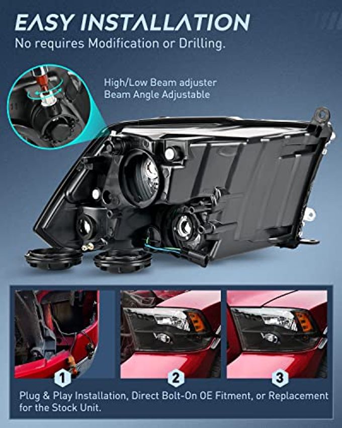 Nilight Headlight Assembly 2009 2010 2011 2012 2013 2014 2015 2016 2017 2018 Ram 1500 2500 3500 Pickup Quad Headlamp Assembly Replacement Black Housing Amber Corner Clear Lens,(Only For Quad Models) - Image 3