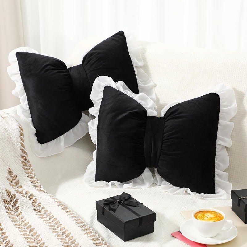 Yousoontic 2 Pcs Bow Pillows 15.7 * 12.6 in Coquette Throw Pillow Cute Bow Shaped Cushion Plush Lumbar Decorative for Girls Room Bed Sofa Couch Car(Velvet,Black) - Image 4