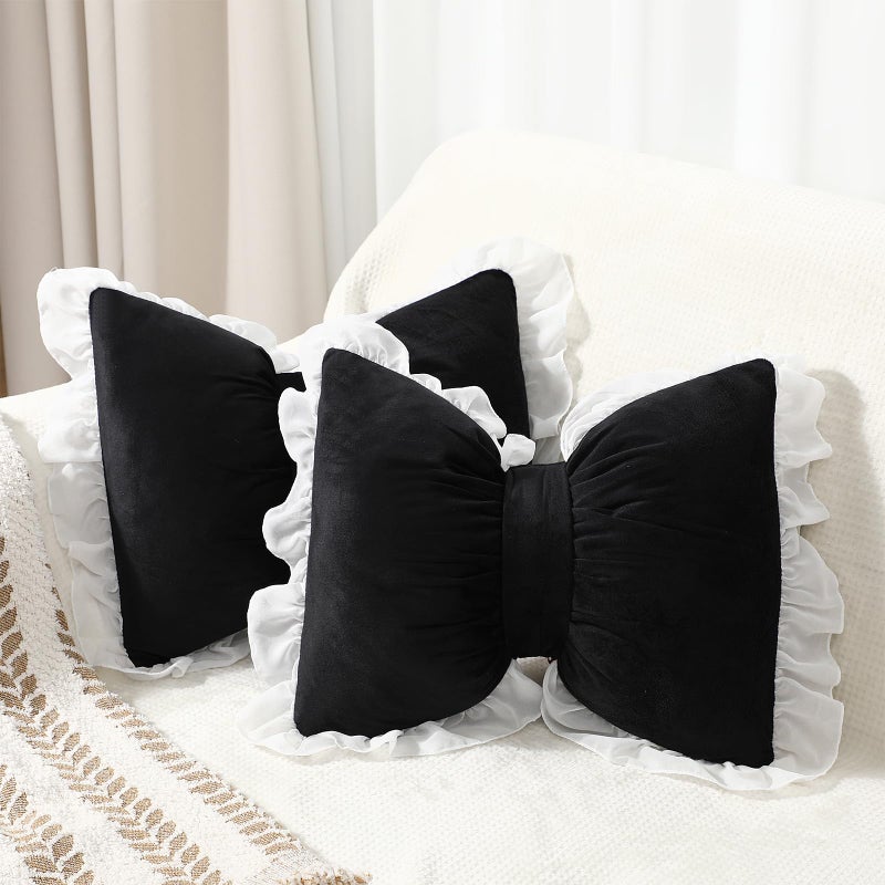 Yousoontic 2 Pcs Bow Pillows 15.7 * 12.6 in Coquette Throw Pillow Cute Bow Shaped Cushion Plush Lumbar Decorative for Girls Room Bed Sofa Couch Car(Velvet,Black) - Image 1