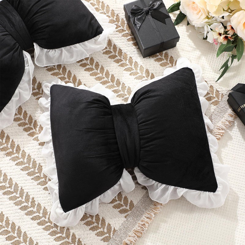 Yousoontic 2 Pcs Bow Pillows 15.7 * 12.6 in Coquette Throw Pillow Cute Bow Shaped Cushion Plush Lumbar Decorative for Girls Room Bed Sofa Couch Car(Velvet,Black) - Image 3