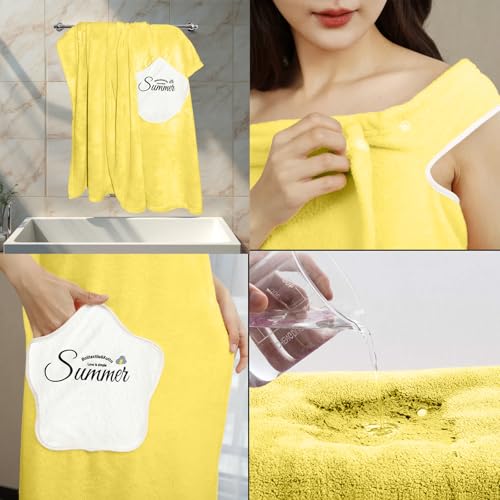HOUSSE Wearable Microfiber Spa Bath Towel with Star Pocket for Girls & Women | Soft, Cozy Wrap with Snap Closure |Women’s Day Gift | 110 x 140 cm (Lemon Yellow) - Image 2