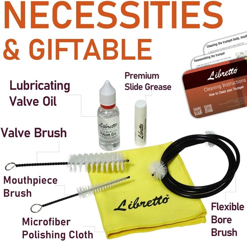 Libretto Trumpet (Cornet) ALL-INCLUSIVE Care Kit w/Instructions: Valve Oil+Slide Grease+Cleaning Cloth+Mouthpiece/Valve/Bore Brushes, Giftable Handy Case, Time to Clean & Extend Life of your Trumpet! - Image 2