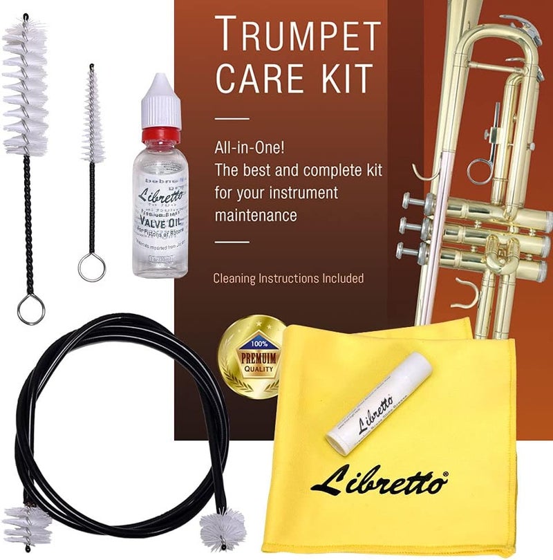 Libretto Trumpet (Cornet) ALL-INCLUSIVE Care Kit w/Instructions: Valve Oil+Slide Grease+Cleaning Cloth+Mouthpiece/Valve/Bore Brushes, Giftable Handy Case, Time to Clean & Extend Life of your Trumpet! - Image 1