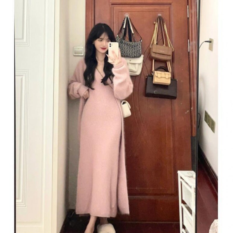 2025 Spring New Korean Style Pink Gentle Little Fragrance Milk Salt Style Knitted Suit Dress Two-Piece Set Pink suspender skirt single piece