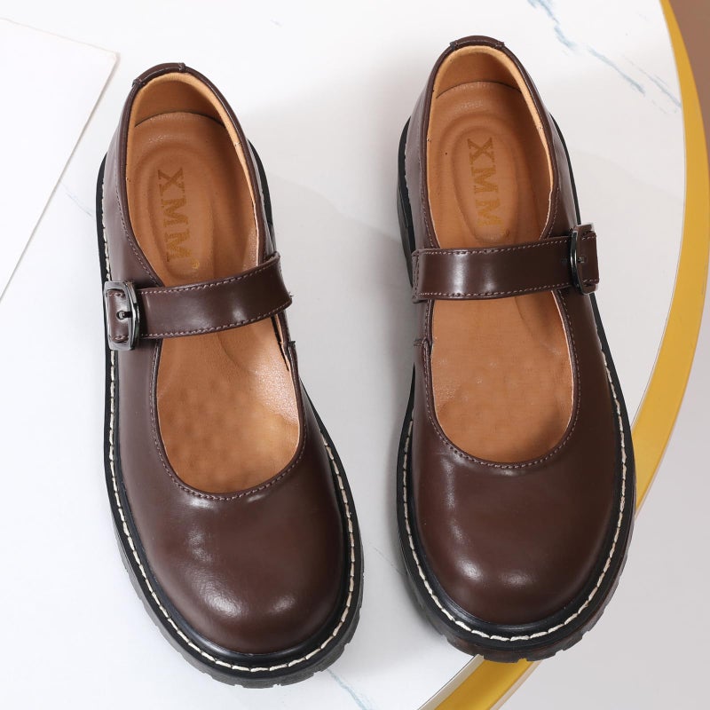 XMM Mary Jane Shoes Women Oxford Shoes Leather Round Toe Flats Non-Slip Ankle Buckle Strap Comfort Casual Dressy Cosplay Party School Work Shoes Brown US 9.5 - Image 4