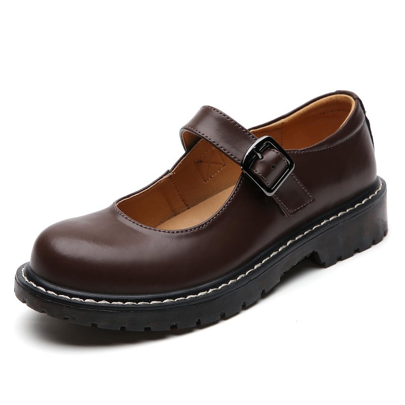 XMM Mary Jane Shoes Women Oxford Shoes Leather Round Toe Flats Non-Slip Ankle Buckle Strap Comfort Casual Dressy Cosplay Party School Work Shoes Brown US 9.5 - Image 1