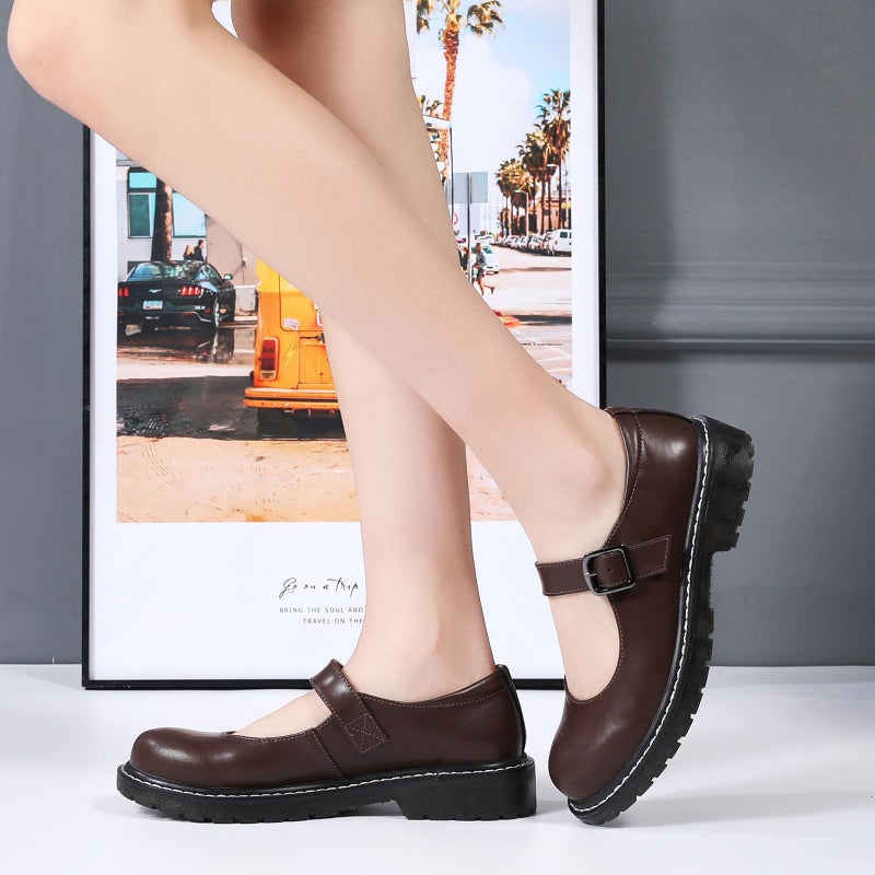 XMM Mary Jane Shoes Women Oxford Shoes Leather Round Toe Flats Non-Slip Ankle Buckle Strap Comfort Casual Dressy Cosplay Party School Work Shoes Brown US 9.5 - Image 3