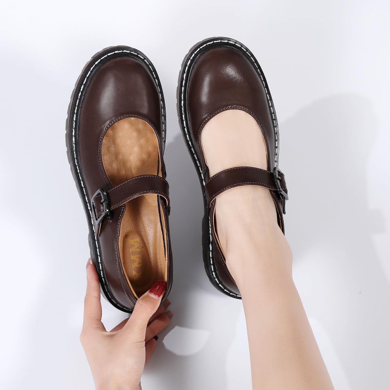 XMM Mary Jane Shoes Women Oxford Shoes Leather Round Toe Flats Non-Slip Ankle Buckle Strap Comfort Casual Dressy Cosplay Party School Work Shoes Brown US 9.5 - Image 2