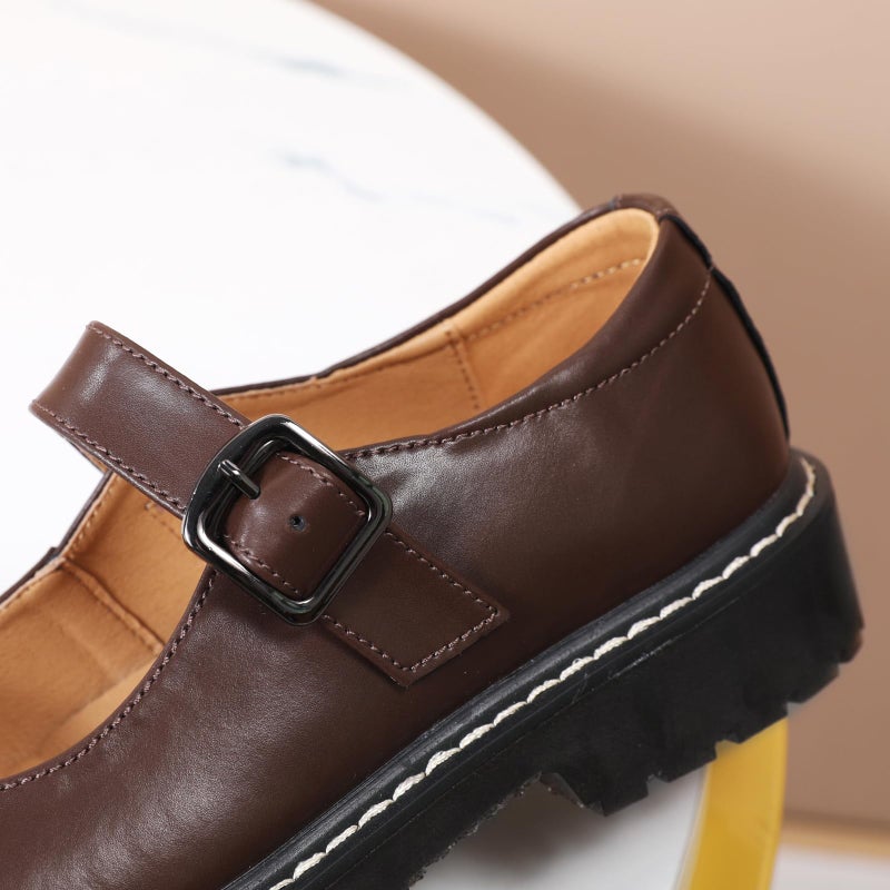 XMM Mary Jane Shoes Women Oxford Shoes Leather Round Toe Flats Non-Slip Ankle Buckle Strap Comfort Casual Dressy Cosplay Party School Work Shoes Brown US 9.5 - Image 5
