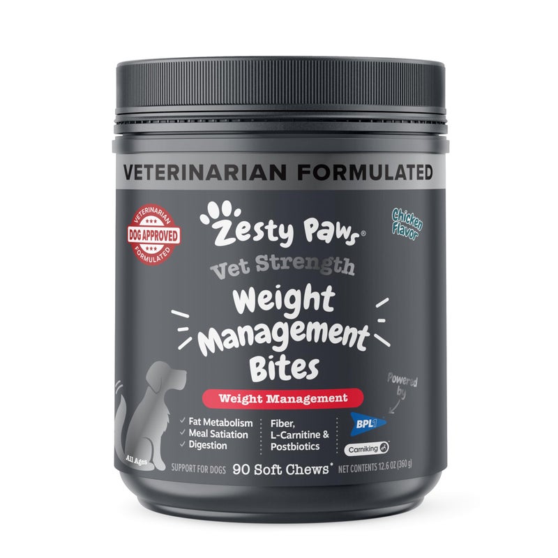 Zesty Paws Weight Management Bites for Dogs - Veterinarian Formulated - Metabolism & Appetite Control - L-Carnitine, Fiber, Postbiotics & B Vitamins - Healthy Weight Dog Supplement - 90 Count - Image 1