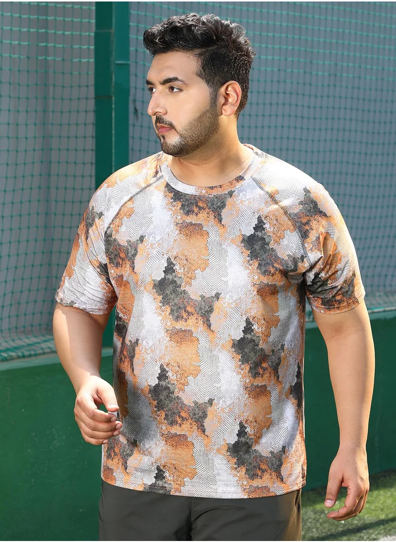 انستافاب بلس Instafab Plus Men's Charcoal Black & Rust Orange Blur-Imprint Activewear T-Shirt For Casual Wear | Crew Neck | Short Sleeves | Plus Size Jersey T-Shirt Crafted With Comfort Fit For Everyday Wear