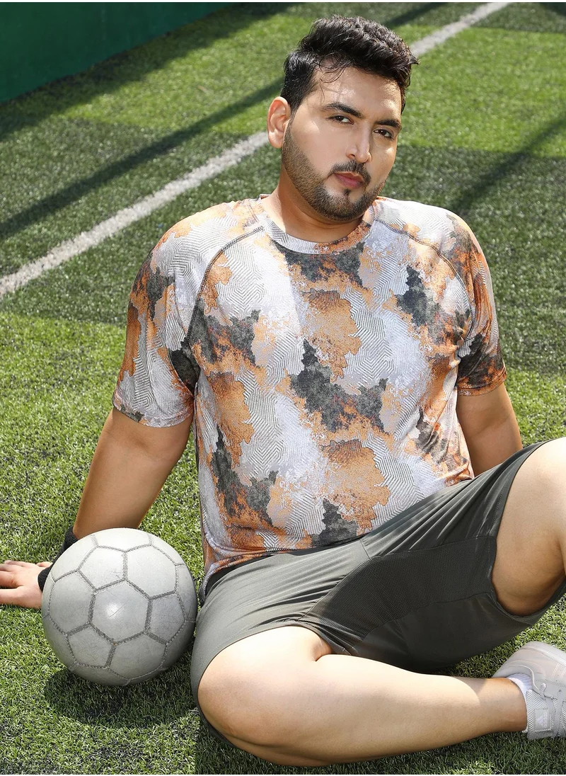 انستافاب بلس Instafab Plus Men's Charcoal Black & Rust Orange Blur-Imprint Activewear T-Shirt For Casual Wear | Crew Neck | Short Sleeves | Plus Size Jersey T-Shirt Crafted With Comfort Fit For Everyday Wear