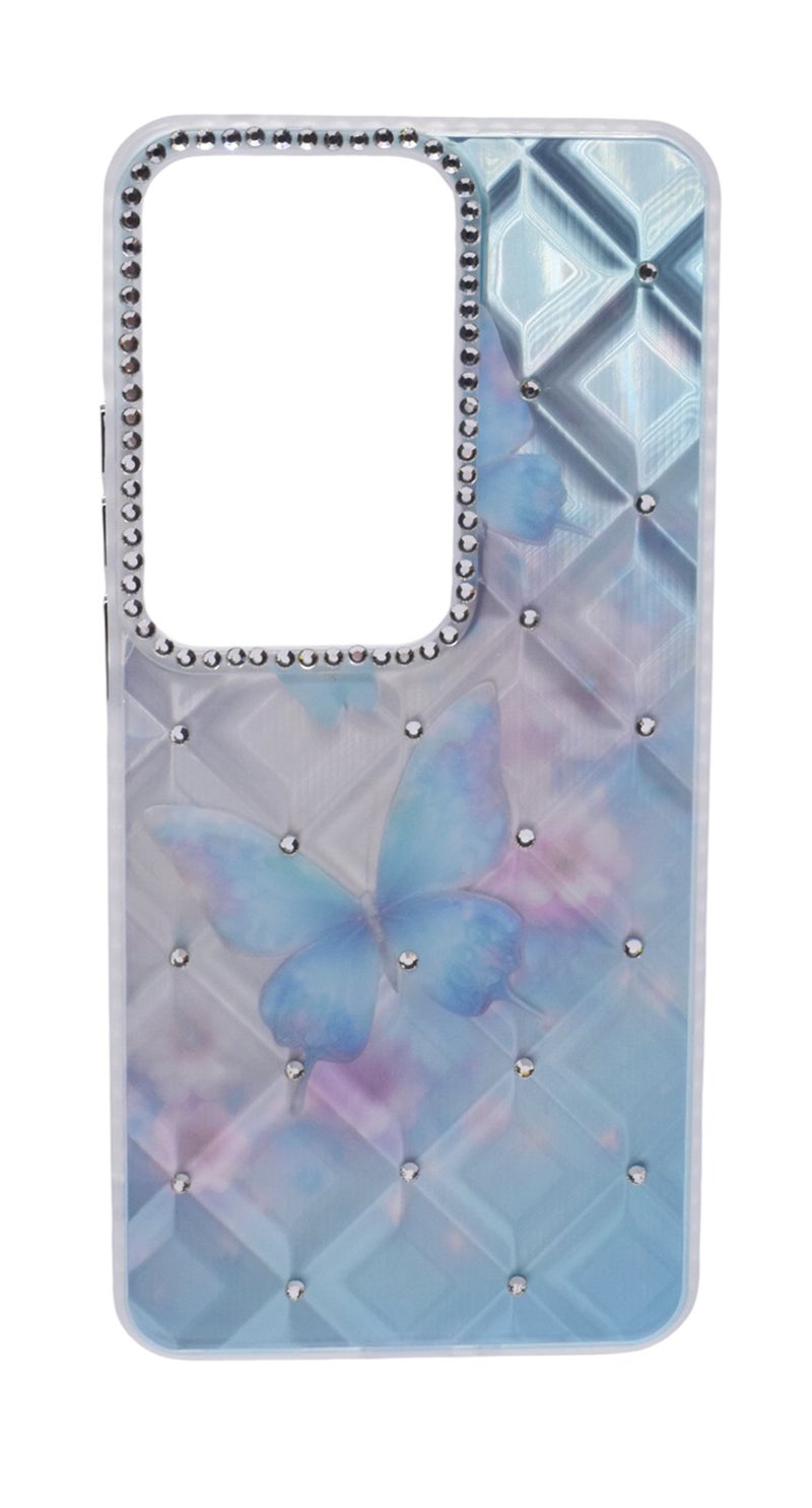 CFS TPU Butterflies Printed Back Cover Case with Rhinestone Camera Border For OPPO Reno 11F - Light Blue Transparent - Image 1