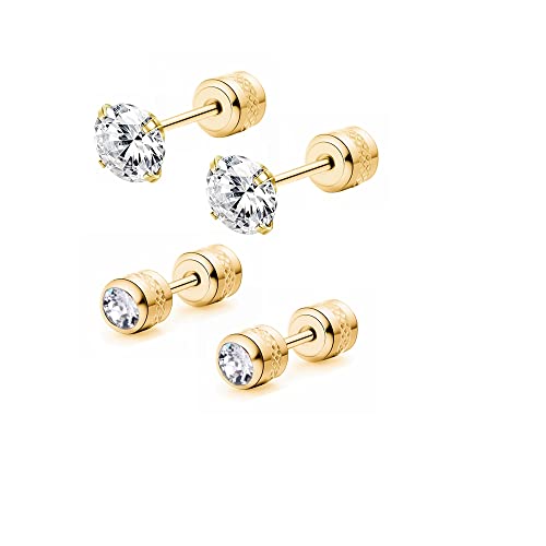 CVAYU Hypoallergenic double sided diamond Stud Earrings For Womens Secure Safety Screw back Cartilage CZ Stud Earrings (4mm Gold (2 Pairs)) - Image 1