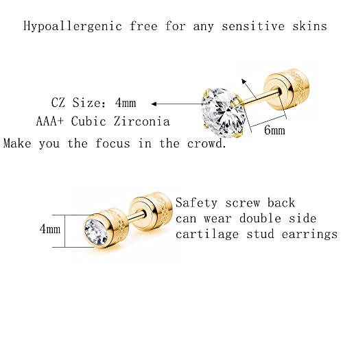 CVAYU Hypoallergenic double sided diamond Stud Earrings For Womens Secure Safety Screw back Cartilage CZ Stud Earrings (4mm Gold (2 Pairs)) - Image 2
