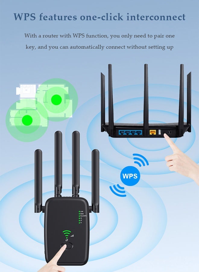 DUNISO WiFi repeater, network extender, signal booster, intelligent WiFi range extender, 300Mbps, with four antennas, can further expand network range, suitable for offices and homes (black) - Image 4