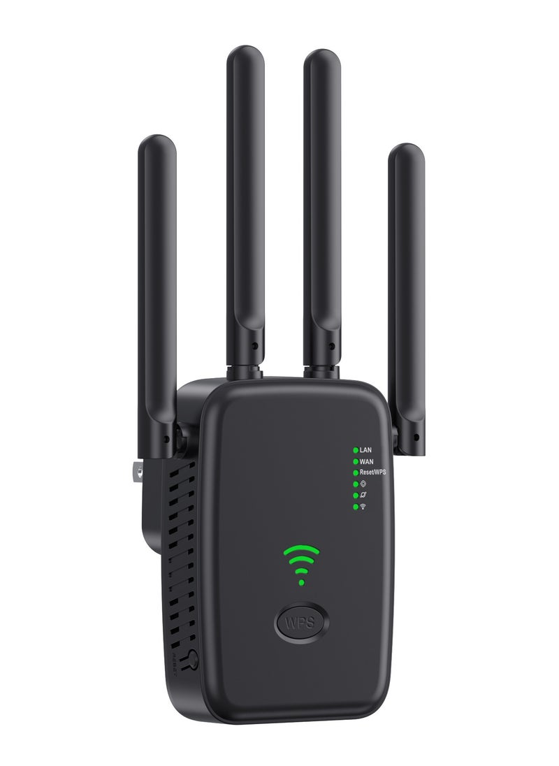 DUNISO - WiFi repeater, network extender, signal booster, intelligent WiFi range extender, 300Mbps, with four antennas, can further expand network range, suitable for offices and homes (black) - Image 1
