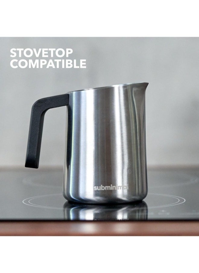 subminimal - FlowTip Milk Jug (450ml/15oz) - Advanced Design Milk Jug w/ Ergonomic & Heat Resistant Handle, StoveTop Compatible, Stainless Steel, Smooth Neck & Sharp Tip - Stainless - Image 1