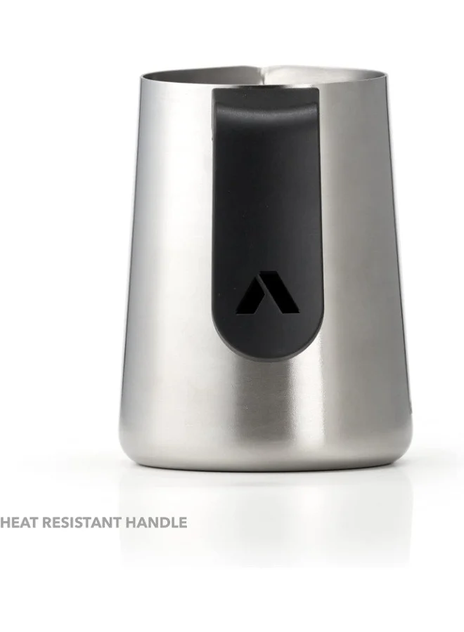 subminimal FlowTip Milk Jug (450ml/15oz) - Advanced Design Milk Jug w/ Ergonomic & Heat Resistant Handle, StoveTop Compatible, Stainless Steel, Smooth Neck & Sharp Tip - Stainless