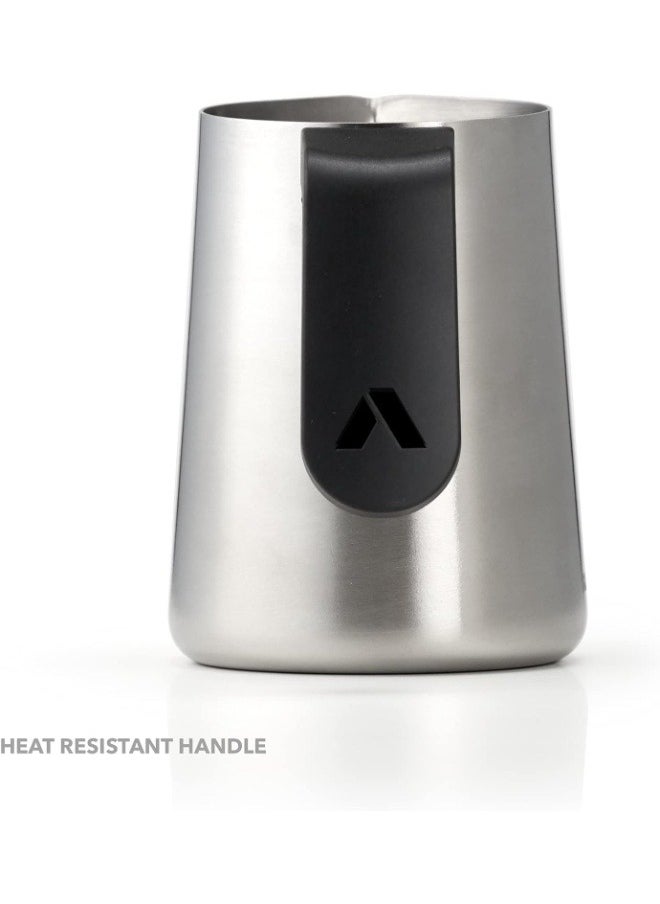 subminimal - FlowTip Milk Jug (450ml/15oz) - Advanced Design Milk Jug w/ Ergonomic & Heat Resistant Handle, StoveTop Compatible, Stainless Steel, Smooth Neck & Sharp Tip - Stainless - Image 1