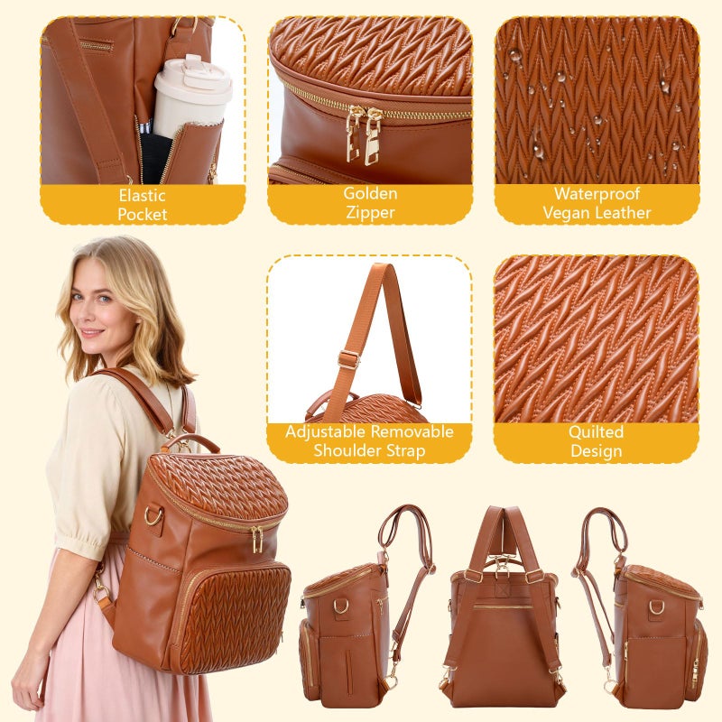 Minsong Diaper Bag Backpack for Women, Cute Stylish Mommy Diaper Backpack, Waterproof Travel PU Leather Baby Backpack Diaper Bag with Changing Pad(Brown) - Image 5