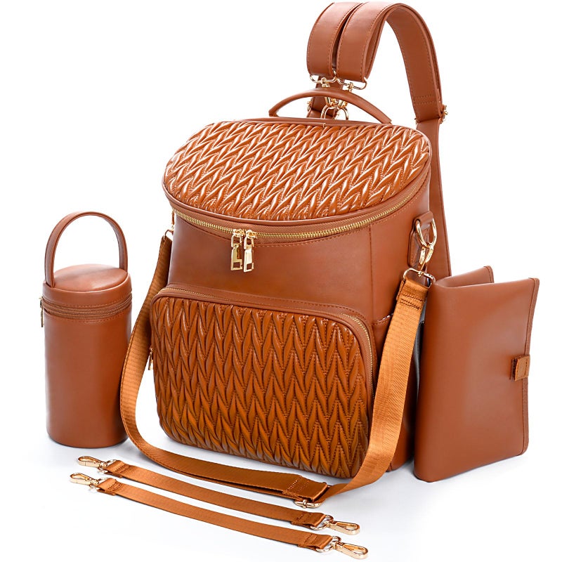 Minsong Diaper Bag Backpack for Women, Cute Stylish Mommy Diaper Backpack, Waterproof Travel PU Leather Baby Backpack Diaper Bag with Changing Pad(Brown) - Image 1