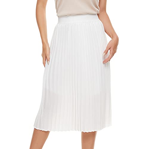 TEERFU Womens Ladies Summer Flared Pleated Skirt A-line Midi Skirts White Large - Image 3