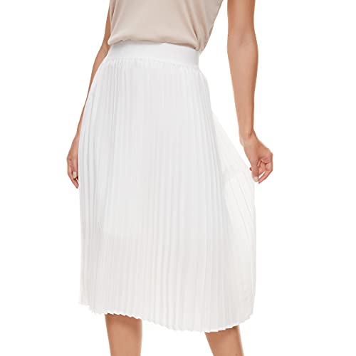 TEERFU Womens Ladies Summer Flared Pleated Skirt A-line Midi Skirts White Large - Image 2