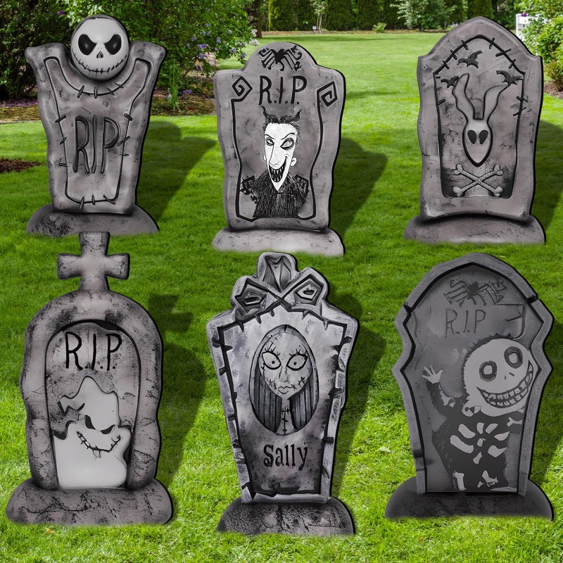 Yuleglowix 17 Inch Halloween Yard Signs Tombstones for Graves Decor Set with Stakes Nightmare Before Christmas Inspired Halloween Gravestones Outdoor Decorations Scary Decoration Displays for Party - Image 2