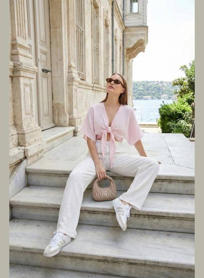 Lela Lela Cotton Tie-Up Relaxed Fit High Waist Wide Leg Muslin Trousers Women's Pants 5866663