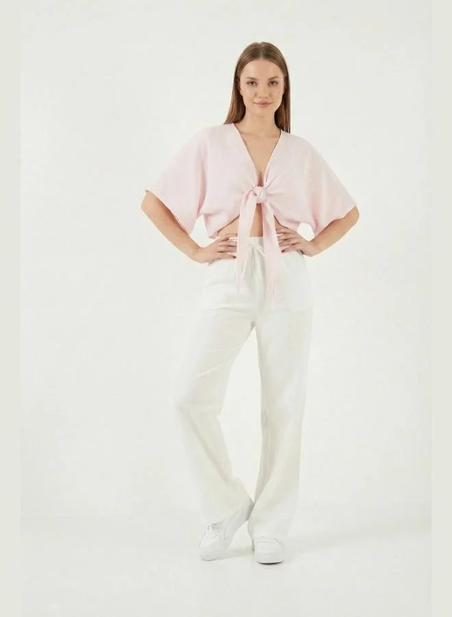 Lela  Lela Cotton Tie-Up Relaxed Fit High Waist Wide Leg Muslin Trousers Women's Pants 5866663 for Women | Best Price UAE