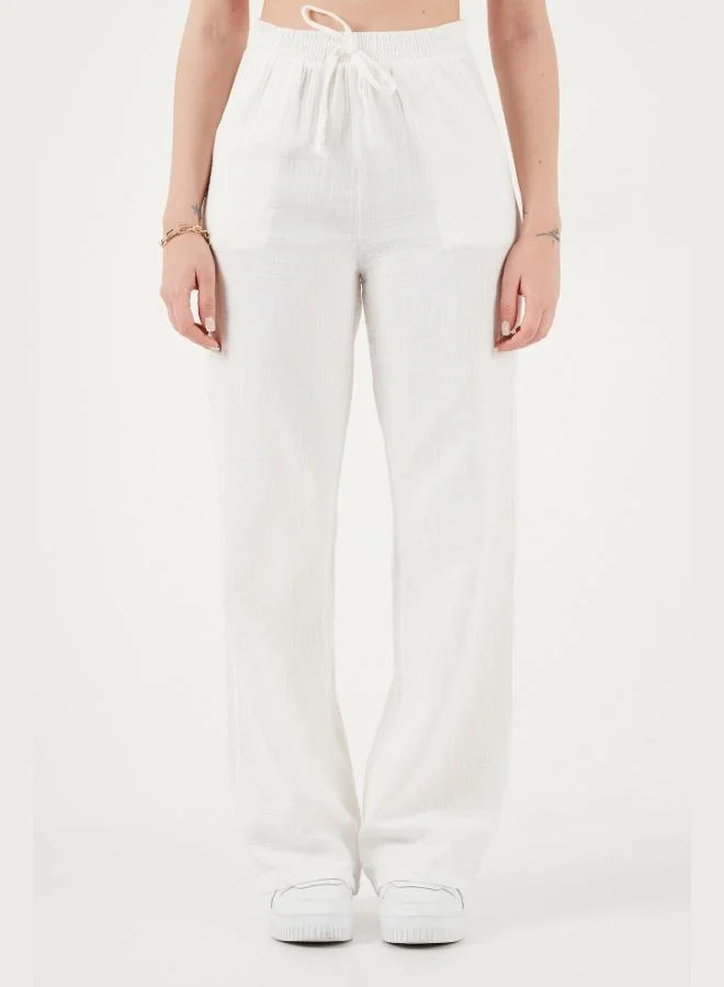 Lela  Lela Cotton Tie-Up Relaxed Fit High Waist Wide Leg Muslin Trousers Women's Pants 5866663 for Women | Best Price UAE
