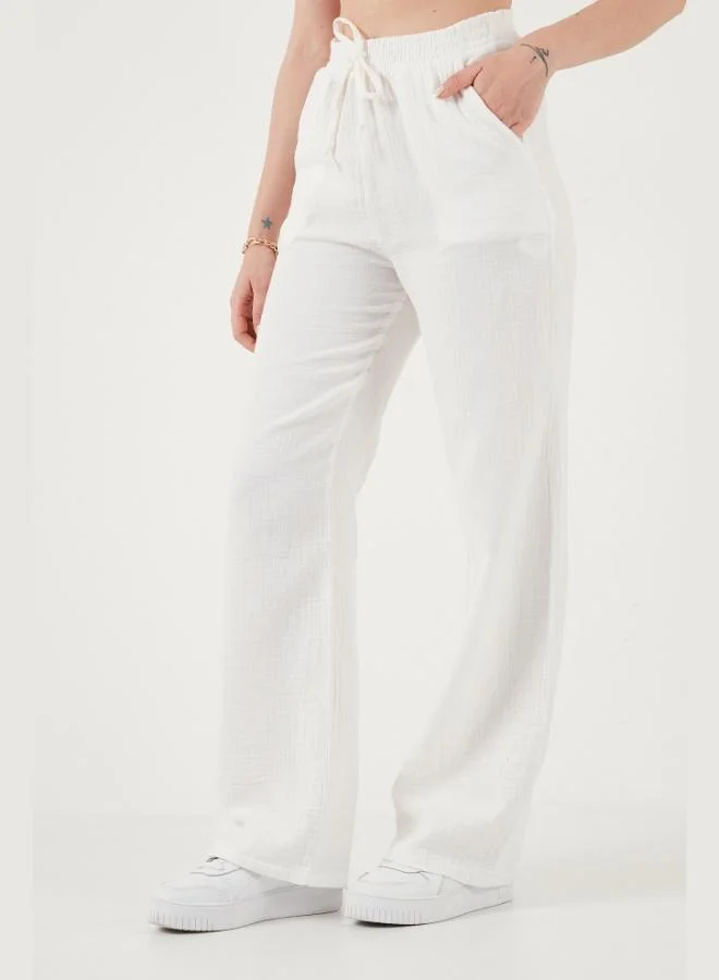 Lela  Lela Cotton Tie-Up Relaxed Fit High Waist Wide Leg Muslin Trousers Women's Pants 5866663 for Women | Best Price UAE