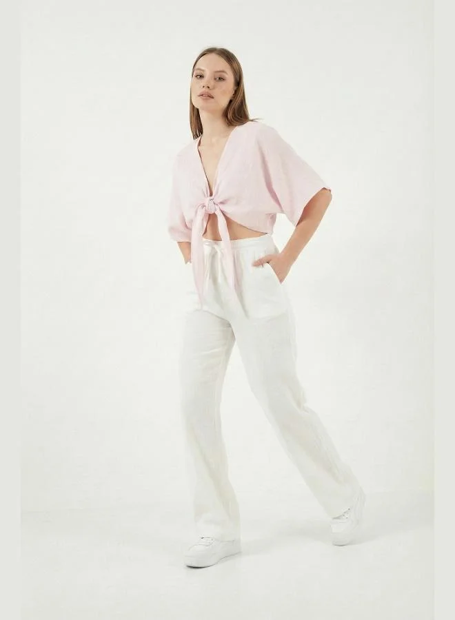 Lela  Lela Cotton Tie-Up Relaxed Fit High Waist Wide Leg Muslin Trousers Women's Pants 5866663 for Women | Best Price UAE